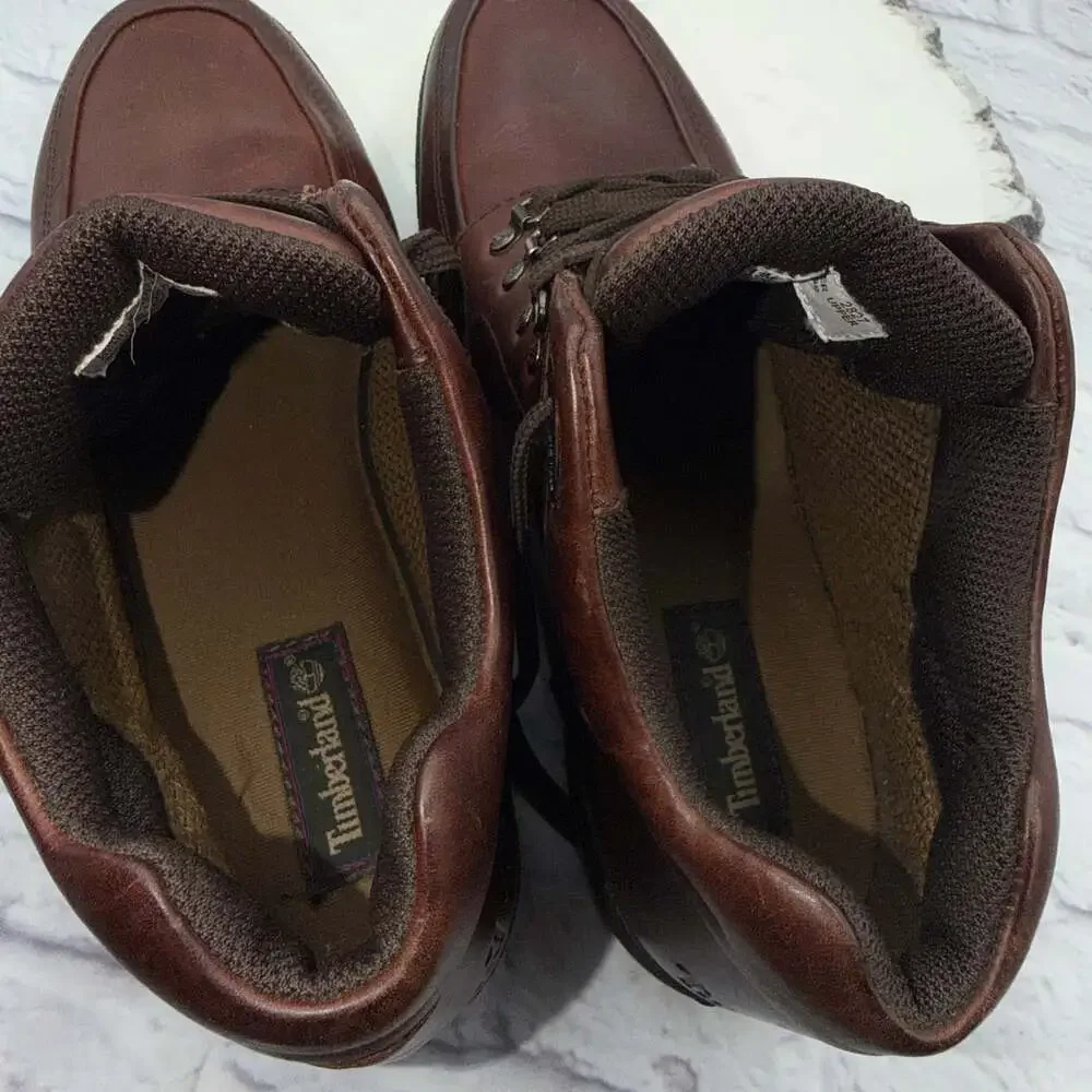 Vintage Mens Timberland All Leather Lug Boots Mahogany Brown Lace Up Size 13
